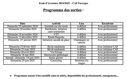 Planning École d'aventure Planning École d'aventure